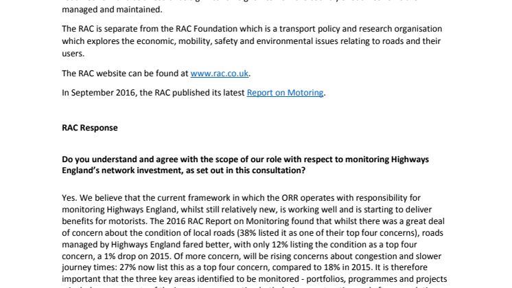 RAC response to ORR consultation on monitoring Highways England investments