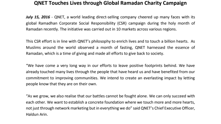 QNET Touches Lives through Global Ramadan Charity Campaign