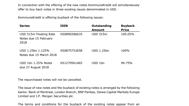 Press Release – Offer of new notes and buyback