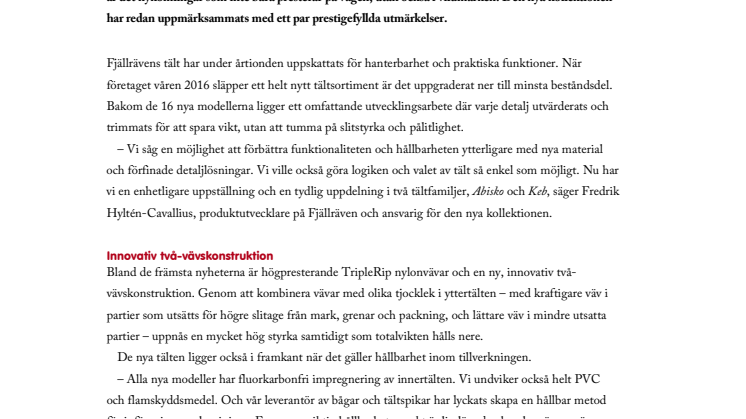 Fjällräven lanserar ny prisvinnande tältkollektion