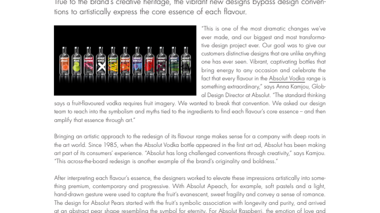 ABSOLUT ANNOUNCES THE REDESIGN OF ITS FLAVOUR RANGE – A STRIKING TRANSFORMATION TRUE TO THE BRAND’S CREATIVE HERITAGE