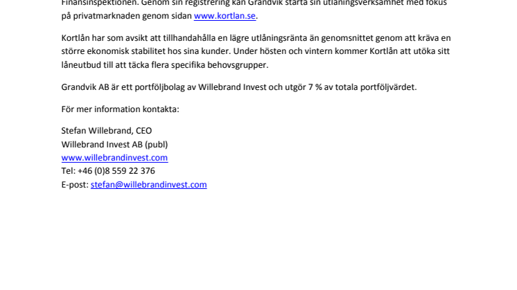 Grandvik AB: Grandvik slutför registrering av finansiellt institut hos Finansinspektionen