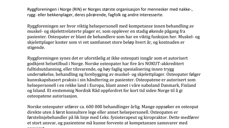 Støtteerklæring til Norsk Osteopatforbund (Ryggforeningen i Norge)