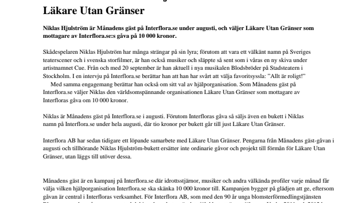 Interflora.se och Niklas Hjulström skänker 10 000 kronor till Läkare Utan Gränser