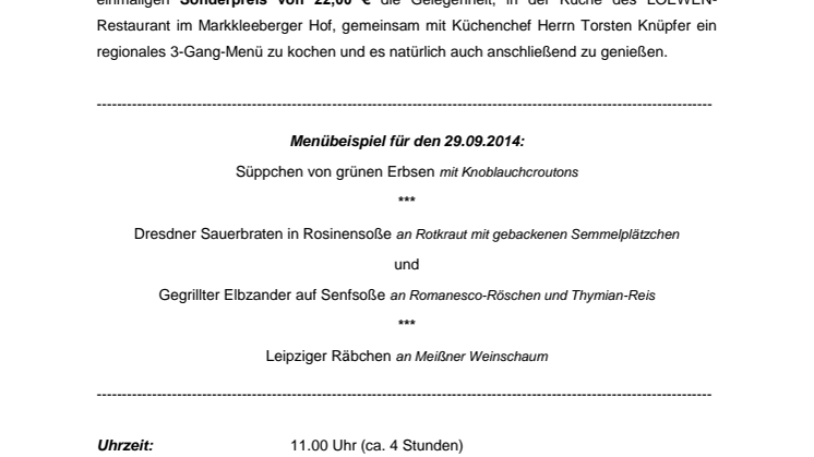 Aktionsangebot Hotel Markkleeberger Hof 29.09.2014