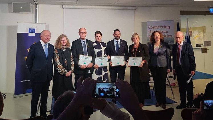 Anna Ledin, miljödirektör Göteborgs stad, längst till höger av pristagarna. Övriga pristagare på bild: Ida Boström, utvecklingsstrateg Göteborgsregionen, Gunnar Björkman, innovationsdirektör Stockholms stad och Jonas Kamleh, klimatstrateg Malmö stad.