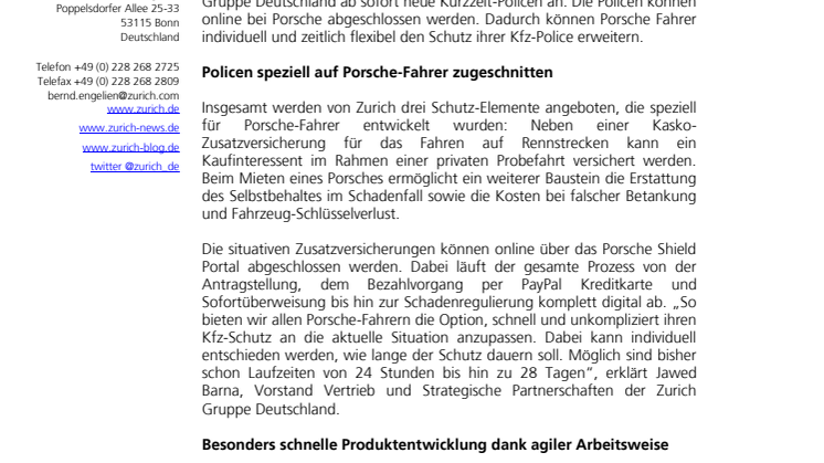 Zurich versichert Porsche-Kunden mit Kurzzeit-Policen