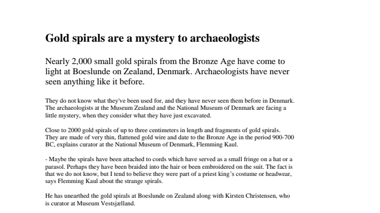 Press release in English: Gold spirals are a mystery to archaeologists