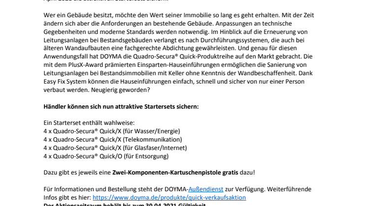DOYMA-Pressemitteilung: Innovationen zum Aktionspreis: Quadro-Secura® Quick-Einführungsaktion wird verlängert