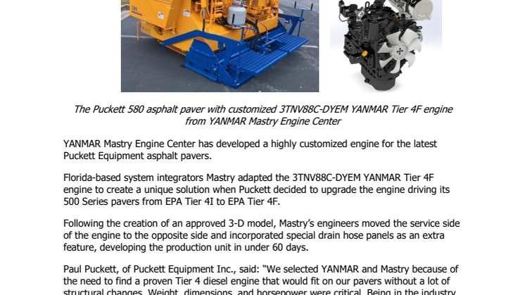 YANMAR Mastry Engine Center Develops Customized Engine for Puckett Equipment’s Asphalt Pavers