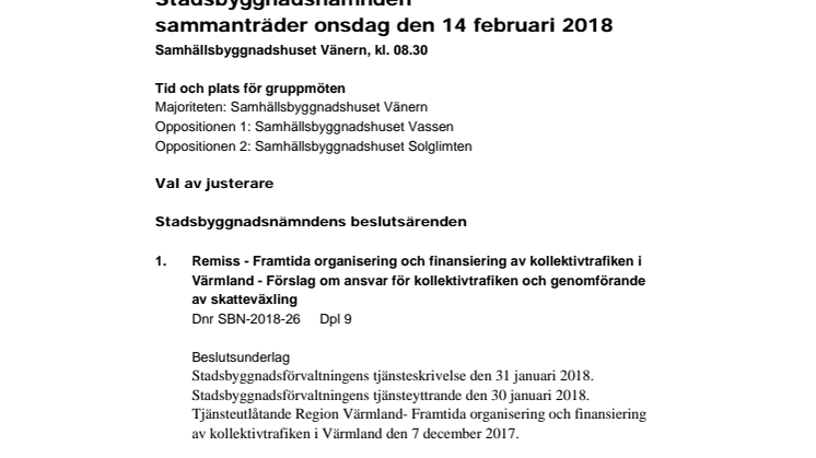 Kallelse till stadsbyggnadsnämnden 14 februari