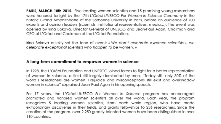 Hæder til excellente forskere i L'Oréal-UNESCO For Women in Science programmet