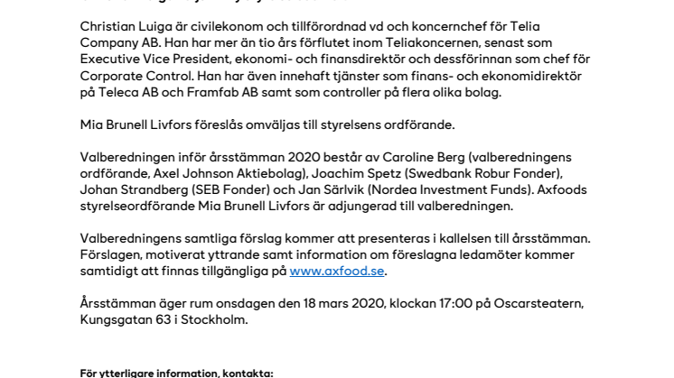 Valberedningens förslag till val av styrelse i Axfood