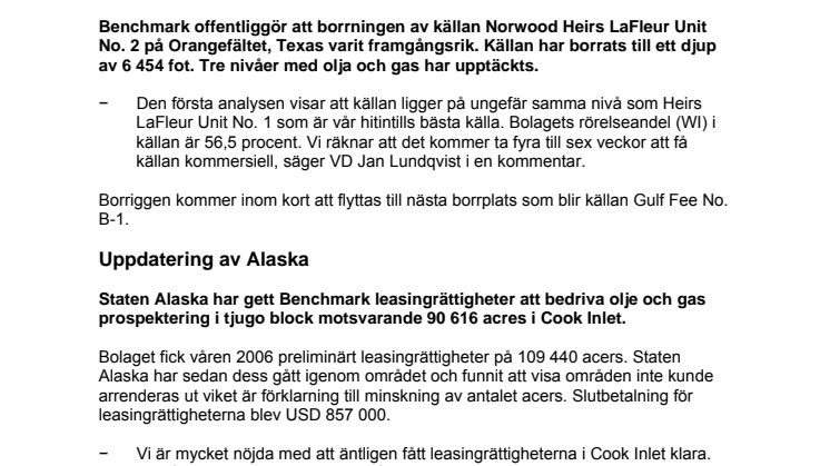 Framgångsrik borrning av källan Norwood Heirs LaFleur Unit No. 2.