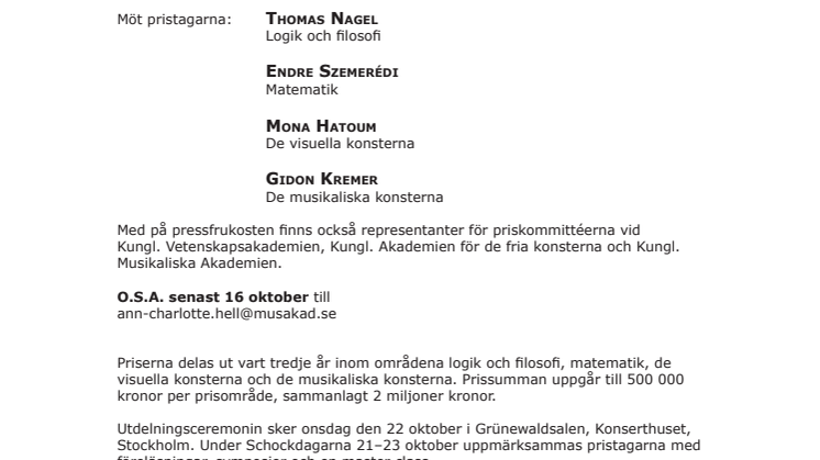 Rolf Schockprisen 2008 – Inbjudan till pressfrukost