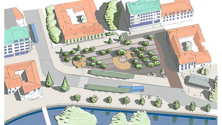 Framtidens Södra torget, mer trafiksäkert och med mer grön torgyta. Visionsskiss: Richard Mattsson, stadsarkitekt.