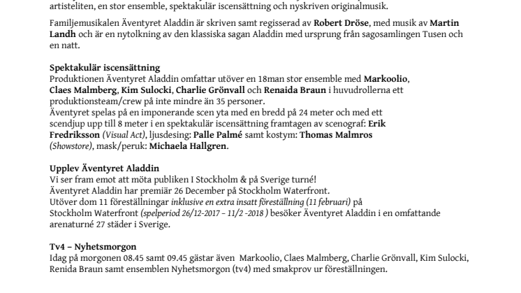Premiär för familjemusikalen Äventyret Aladdin