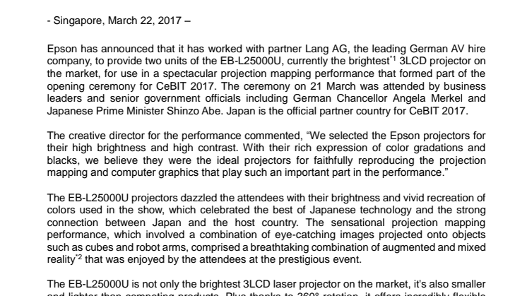 Epson and Lang AG Provide 3LCD Laser Projectors for CeBIT 2017 Opening Ceremony