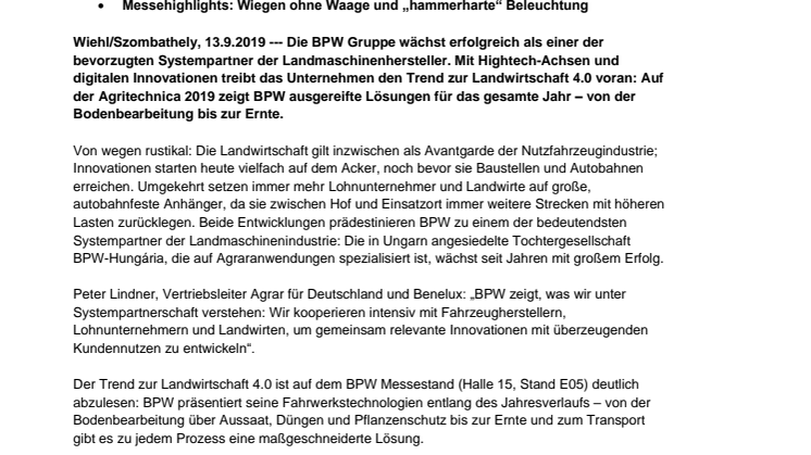 Growing together: BPW bekräftigt zur Agritechnica 2019 erfolgreiche Systempartnerschaft mit Landmaschinenherstellern