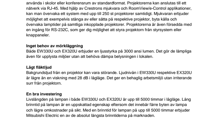 Mitsubishi Electric lanserar EW330U och EX320U i sitt sortiment av prisvärda standardprojektorer