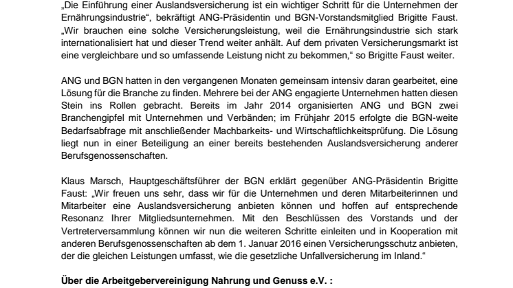 Arbeitgebervereinigung Nahrung und Genuss begrüßt Einführung einer Auslandsversicherung für die Ernährungsindustrie