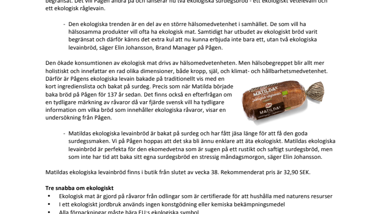 Pågen lanserar ekologiska levainbröd 