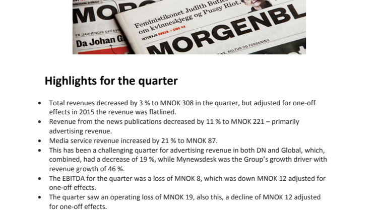 NHST Media Group - Quarterly Report 1st quarter 2016