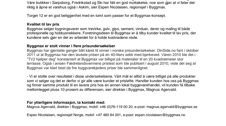 Byggmax åpner varehus i Askim våren 2012