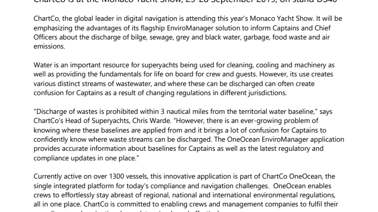 ChartCo to highlight OneOcean EnviroManager solution at Monaco Yacht Show