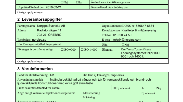 Byggvarudeklaration Norgips Ultra Board®