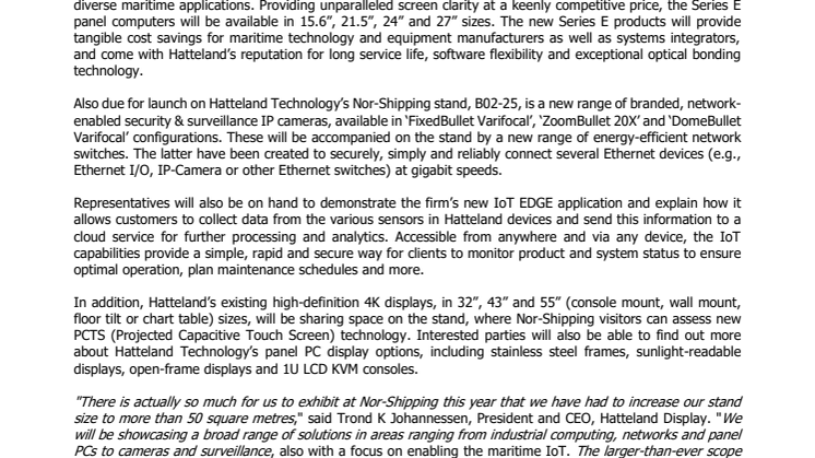 Hatteland Technology unveils expanded display, computer, camera and maritime IoT enabling portfolio at Nor-Shipping