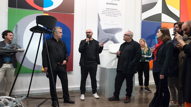The installation Phoenix chair by Luca Nichetto, first developed to be shown at Sweden´s leading auction house Bukowskis. Luca attended the opening, along with Offecct CEO Kurt Tingdal (to the left) and Offecct Design Manager Anders Englund. 