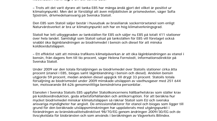 Lägre bensinpris minskade försäljningen av E85 2009