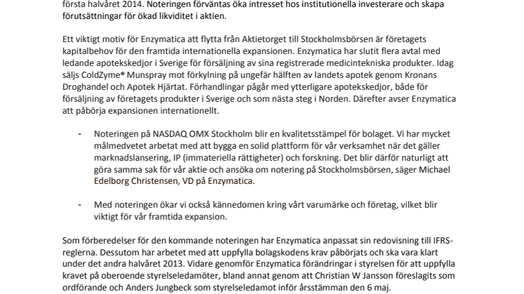Enzymatica påbörjar process för notering på Stockholmsbörsen