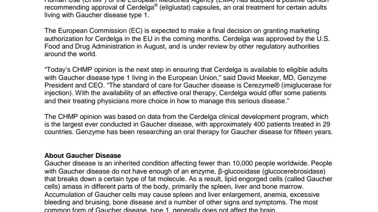 European CHMP Adopts Positive Opinion for Genzyme’s Cerdelga® (eliglustat) Capsules