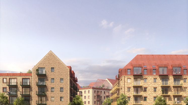 De nye boliger bliver fra 1 til 5 værelser og opføres i tre selvstændige karrebebyggelser med hver sin identitet. Visualisering: Årstiderne Arkitekter
