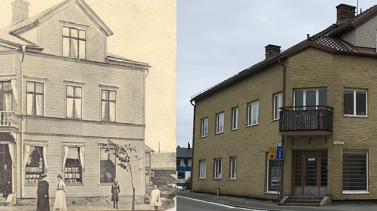 Plombohuset då och nu. Det syns tydligt att huset har ändrats genom åren, inte minst på fasaden som gått från trä till tegel. Torsdagen den 11 maj rivs den gamla byggnaden. 