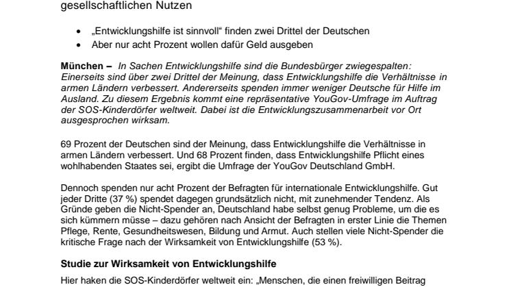 ​Deutsche finden Entwicklungshilfe wichtig, aber nur wenige wollen dafür spenden