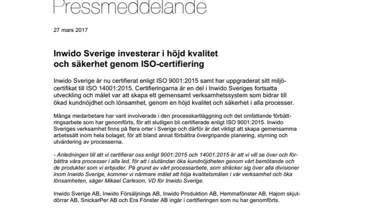 Inwido Sverige investerar i höjd kvalitet  och säkerhet genom ISO-certifiering