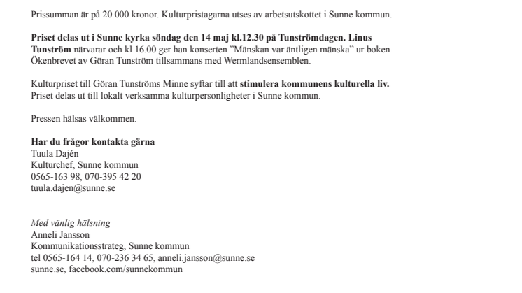 Inger och Leif Stinnerbom får kulturpris till Göran Tunströms Minne i Sunne