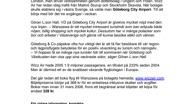 Nytt lågprisflyg till Warszawa från Göteborg City Airport