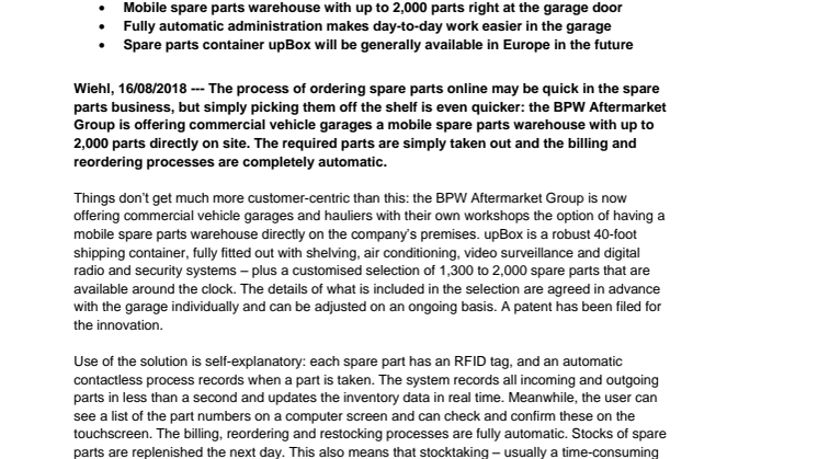 Digital shopping: BPW Aftermarket Group offers upBox, an intelligent spare parts warehouses for garage premises