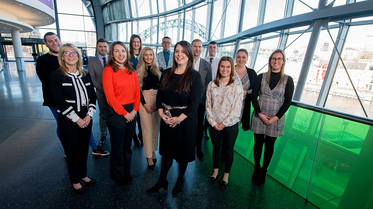 Key speakers and students at the ITT Future You Roadshow  with event organiser Kate Harland, graduate tutor at Newcastle Business School (front/centre). 