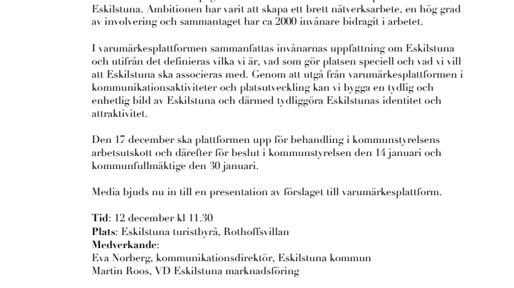 Varumärket Eskilstuna – förslag till plattform klart för beslut