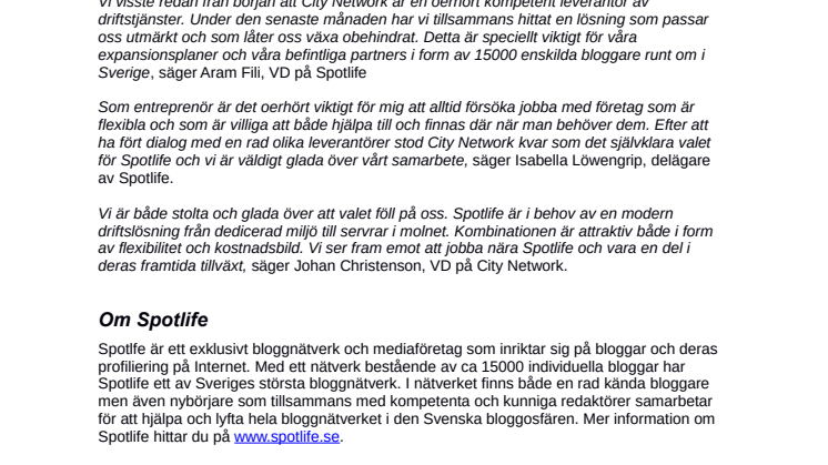 Mediaföretaget Spotlife väljer City Network