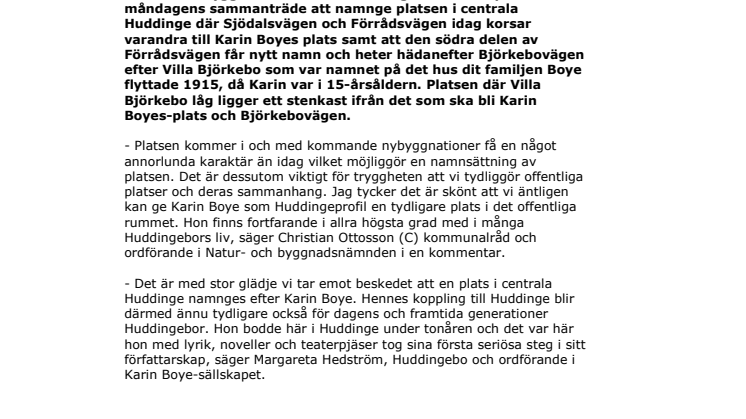 Karin Boye namnger plats i Huddinge 