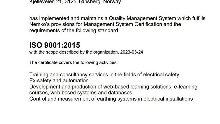 ISO 9001 Certificate Nemko