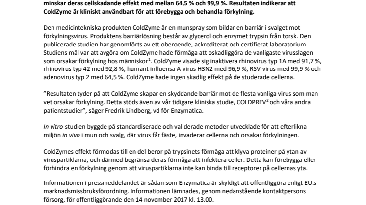 Enzymatica presenterar resultat av studie: ColdZyme har förmåga att oskadliggöra vanliga förkylningsvirus