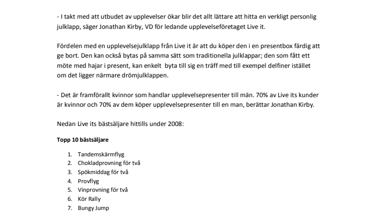 En upplevelse - Årets julklapp 2008?