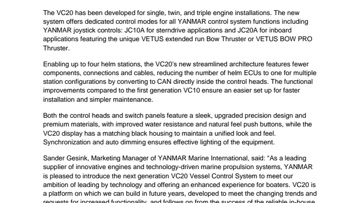 YANMAR Introduces New VC20 Vessel Control System